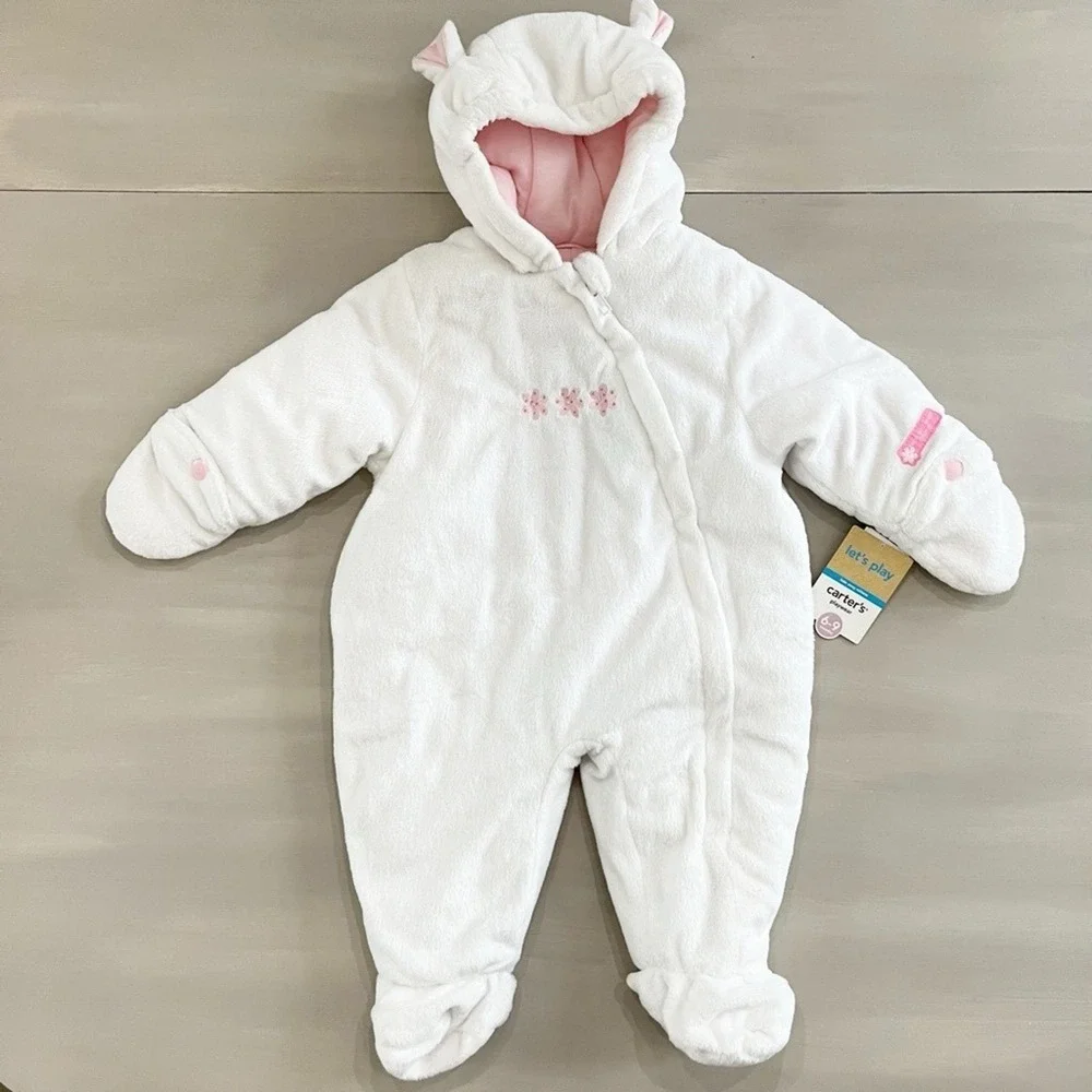 Carter's Baby Girl Bunting 6–9M Snowsuit Faux Fur Mouse White Pink Hood NWT